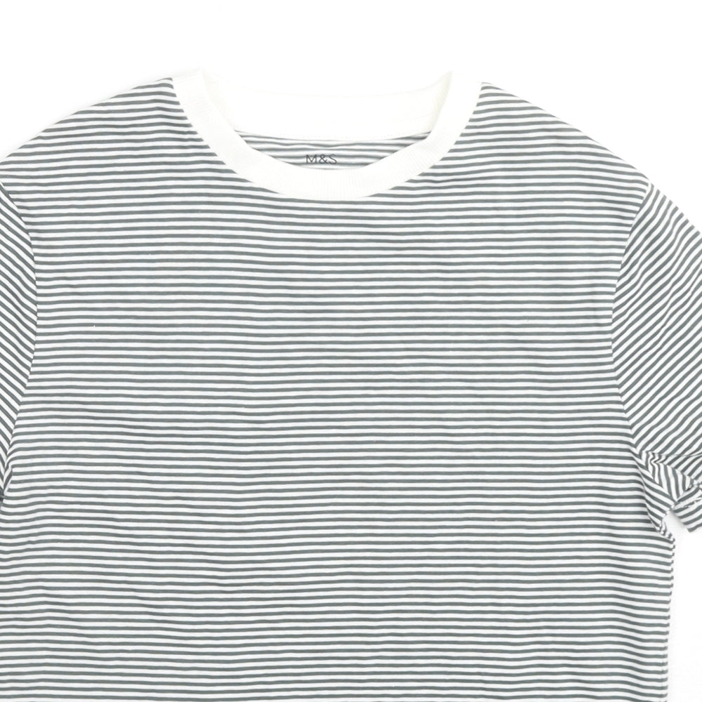 Marks and Spencer Girls Black Striped Cotton Basic T-Shirt Size 8-9 Years Round Neck Pullover