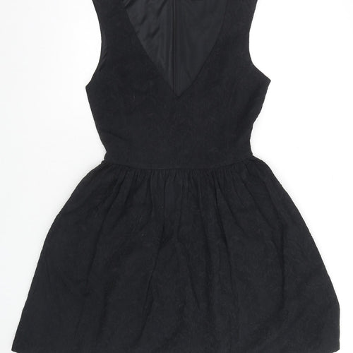 Zara Womens Black Floral Cotton Fit & Flare Size L V-Neck Zip - Embraided
