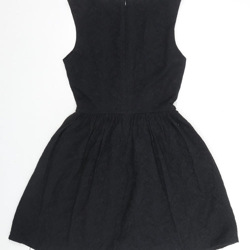 Zara Womens Black Floral Cotton Fit & Flare Size L V-Neck Zip - Embraided