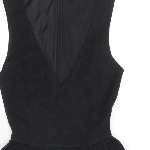 Zara Womens Black Floral Cotton Fit & Flare Size L V-Neck Zip - Embraided