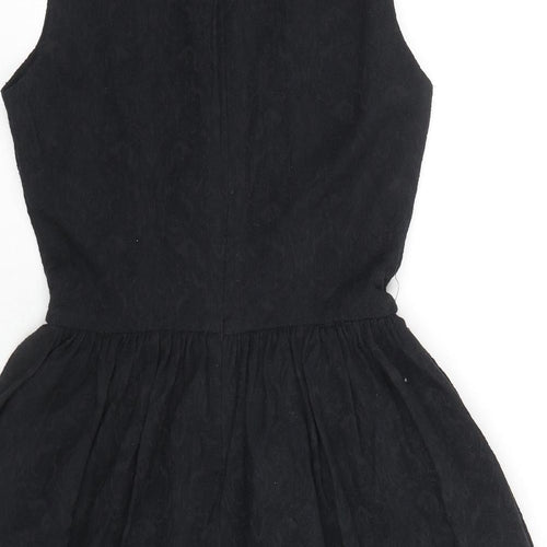Zara Womens Black Floral Cotton Fit & Flare Size L V-Neck Zip - Embraided