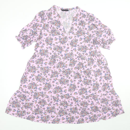 Marks and Spencer Womens Pink Floral Viscose Fit & Flare Size 16 V-Neck Pullover