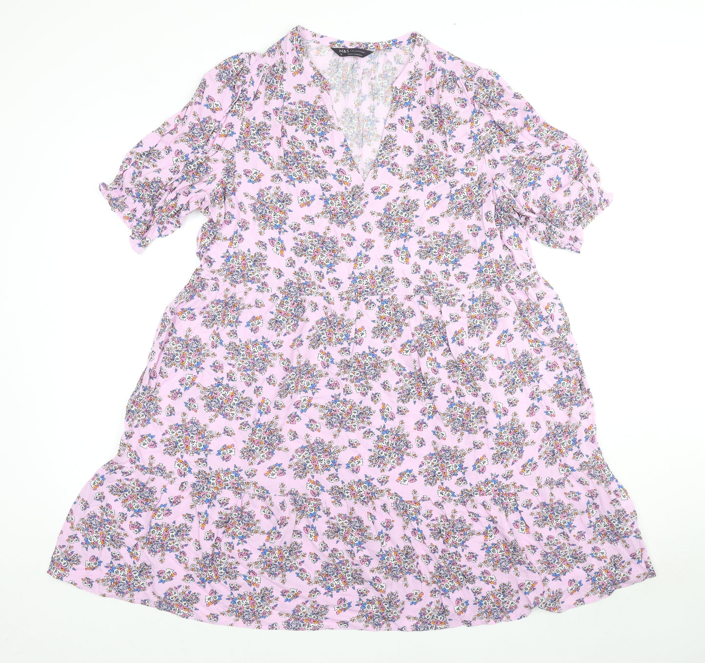 Marks and Spencer Womens Pink Floral Viscose Fit & Flare Size 16 V-Neck Pullover