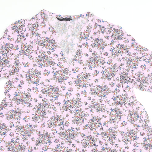 Marks and Spencer Womens Pink Floral Viscose Fit & Flare Size 16 V-Neck Pullover
