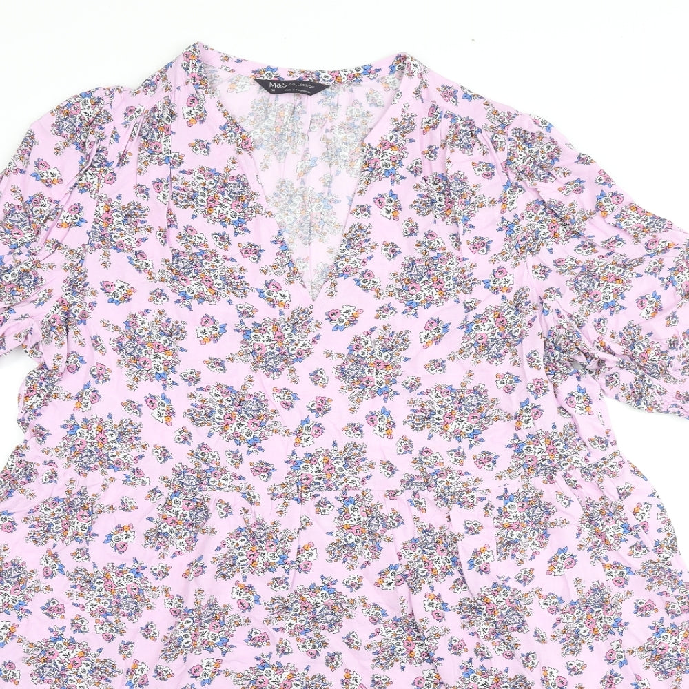 Marks and Spencer Womens Pink Floral Viscose Fit & Flare Size 16 V-Neck Pullover