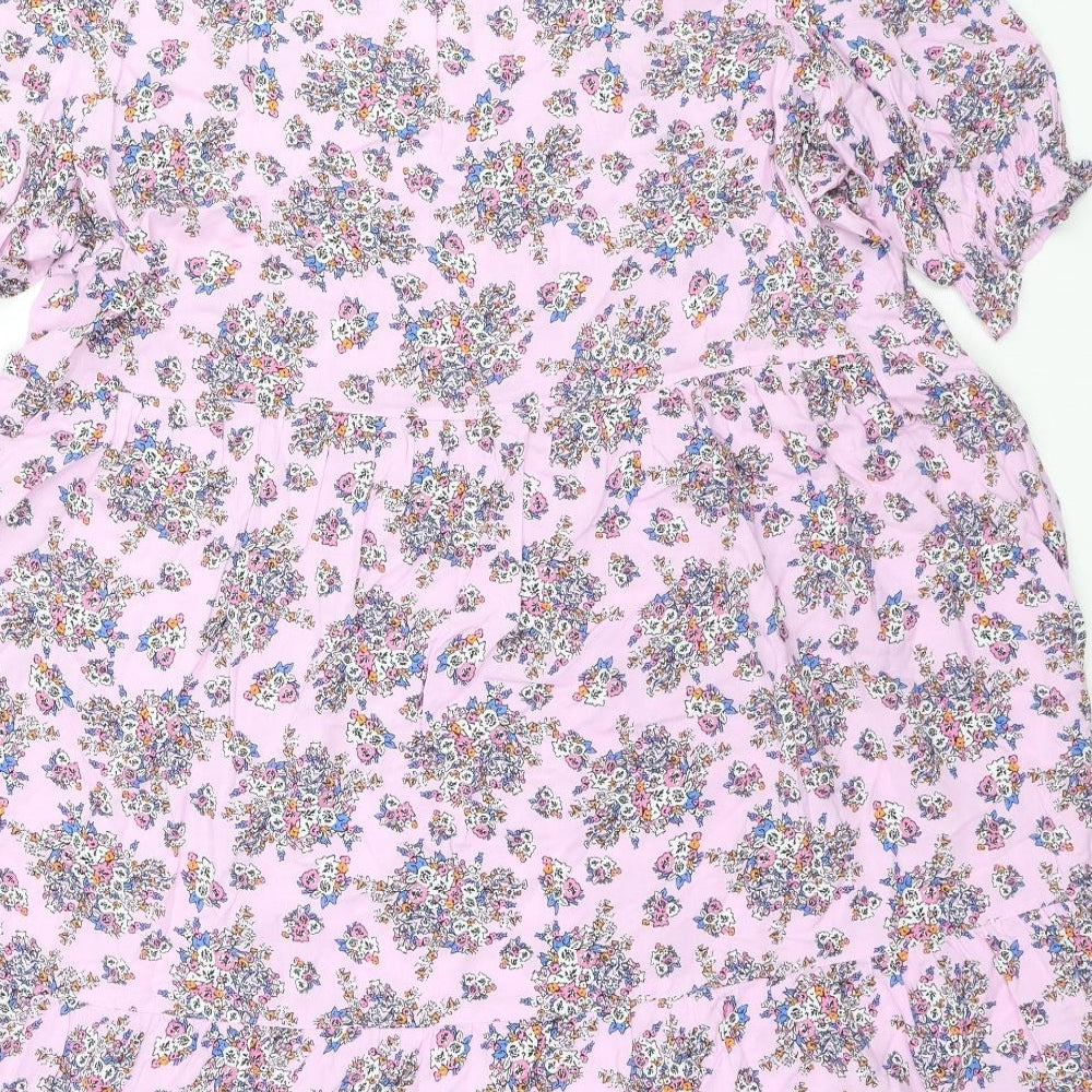 Marks and Spencer Womens Pink Floral Viscose Fit & Flare Size 16 V-Neck Pullover