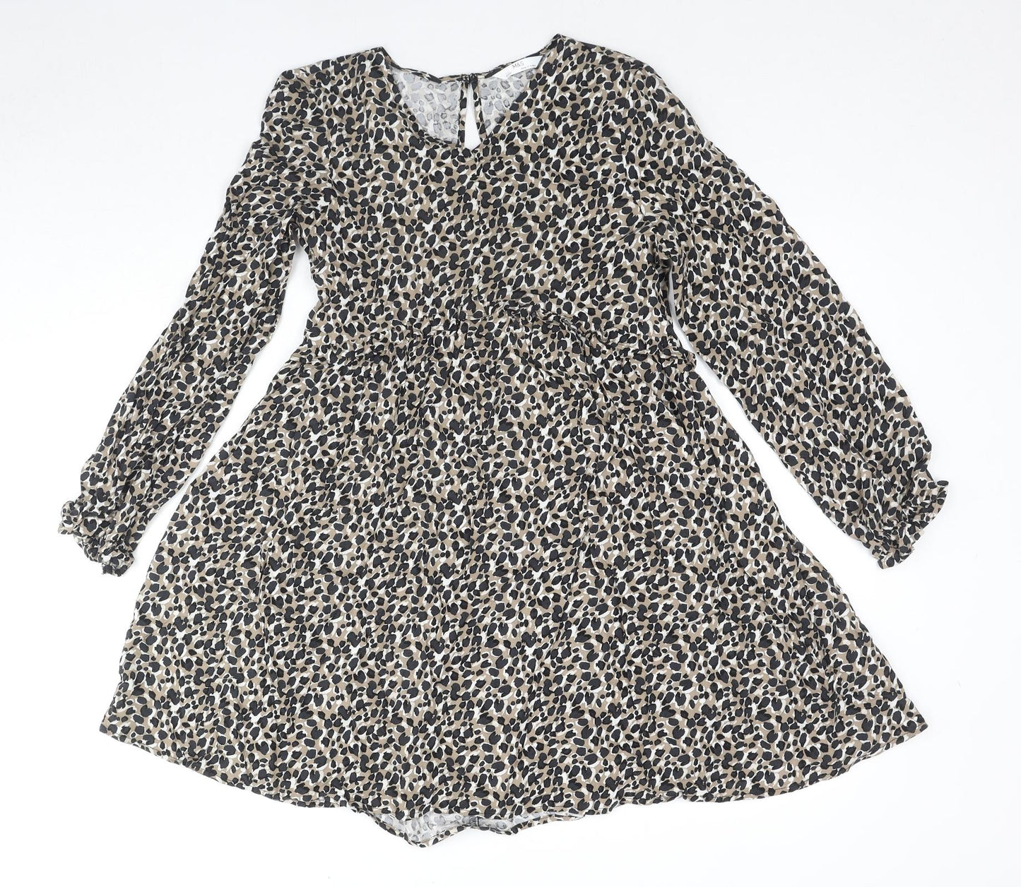 Marks and Spencer Girls Brown Animal Print Viscose Fit & Flare Size 12-13 Years V-Neck Button - Leopard Print