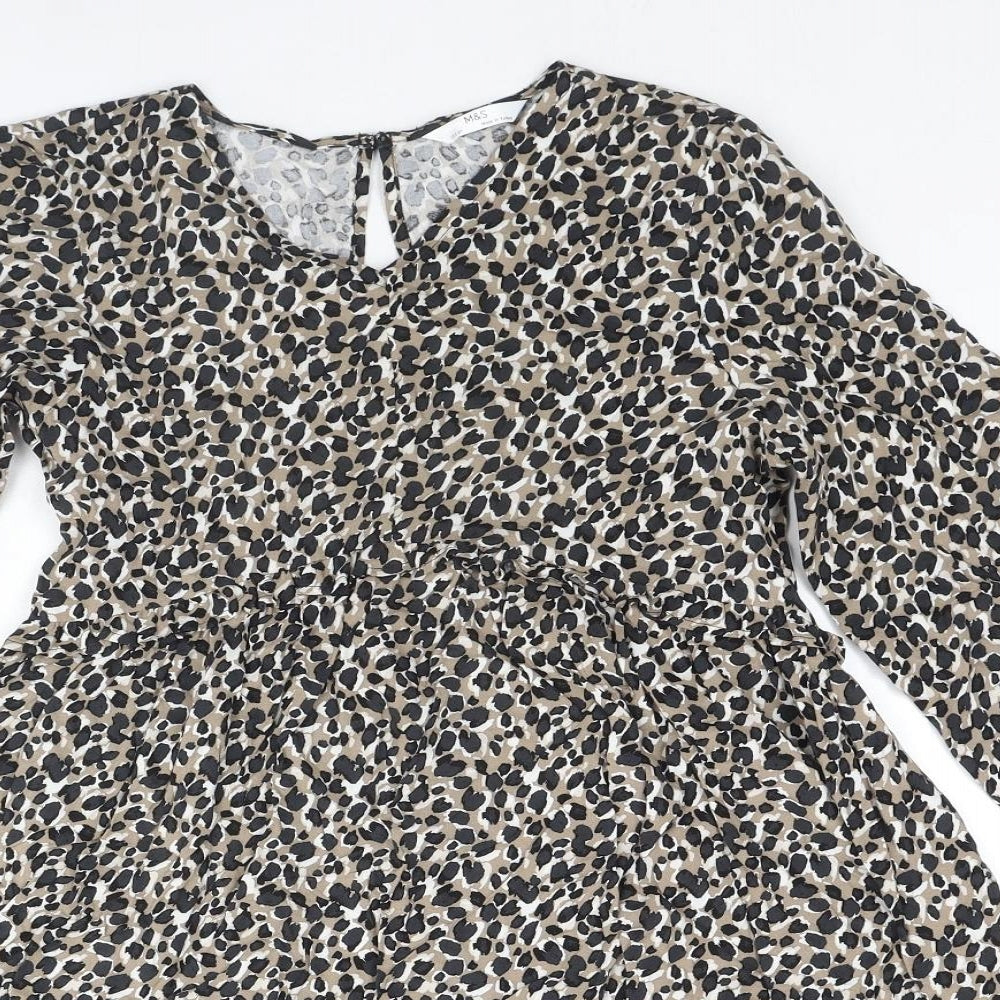 Marks and Spencer Girls Brown Animal Print Viscose Fit & Flare Size 12-13 Years V-Neck Button - Leopard Print