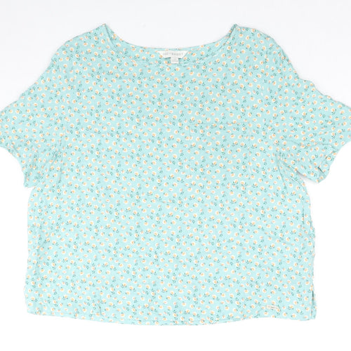 Marks and Spencer Womens Green Floral Viscose Basic T-Shirt Size 14 V-Neck