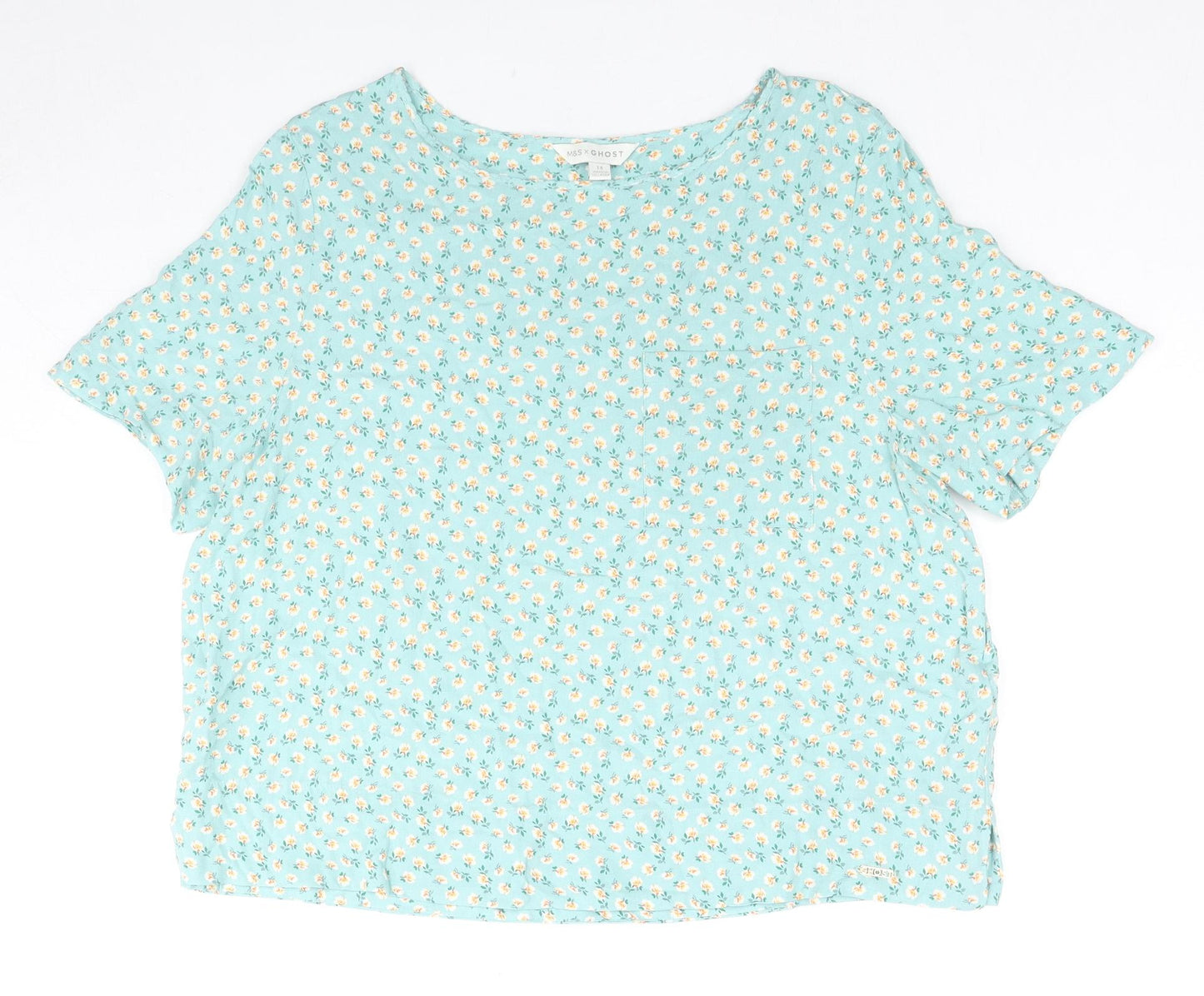 Marks and Spencer Womens Green Floral Viscose Basic T-Shirt Size 14 V-Neck