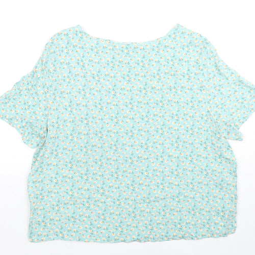 Marks and Spencer Womens Green Floral Viscose Basic T-Shirt Size 14 V-Neck