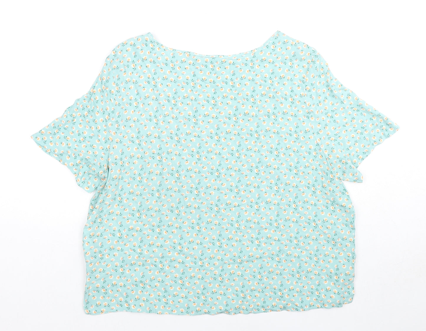 Marks and Spencer Womens Green Floral Viscose Basic T-Shirt Size 14 V-Neck
