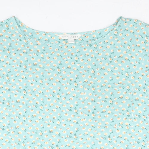 Marks and Spencer Womens Green Floral Viscose Basic T-Shirt Size 14 V-Neck