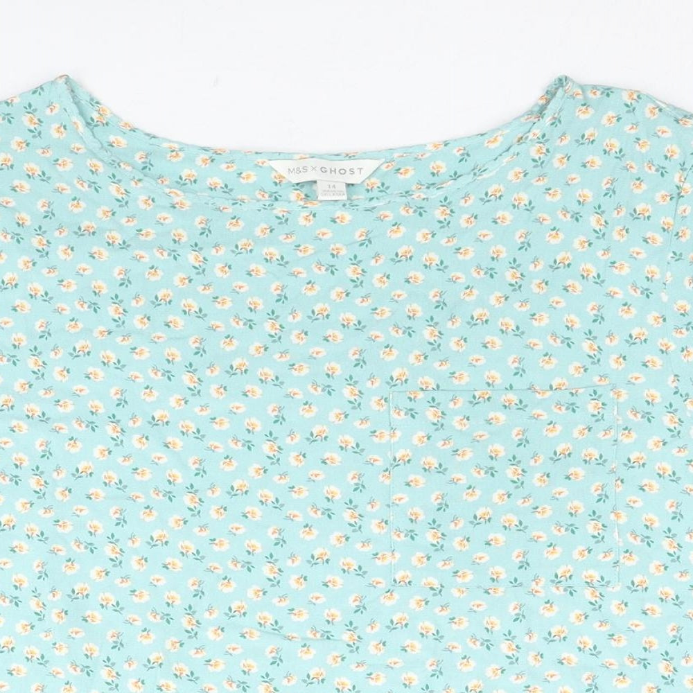 Marks and Spencer Womens Green Floral Viscose Basic T-Shirt Size 14 V-Neck