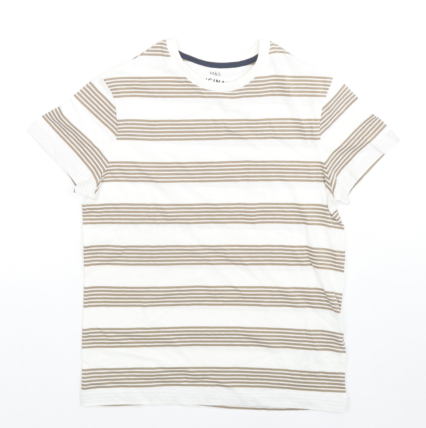 Marks and Spencer Boys White Striped Cotton Basic T-Shirt Size 9-10 Years Round Neck Pullover