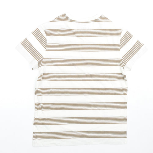 Marks and Spencer Boys White Striped Cotton Basic T-Shirt Size 9-10 Years Round Neck Pullover