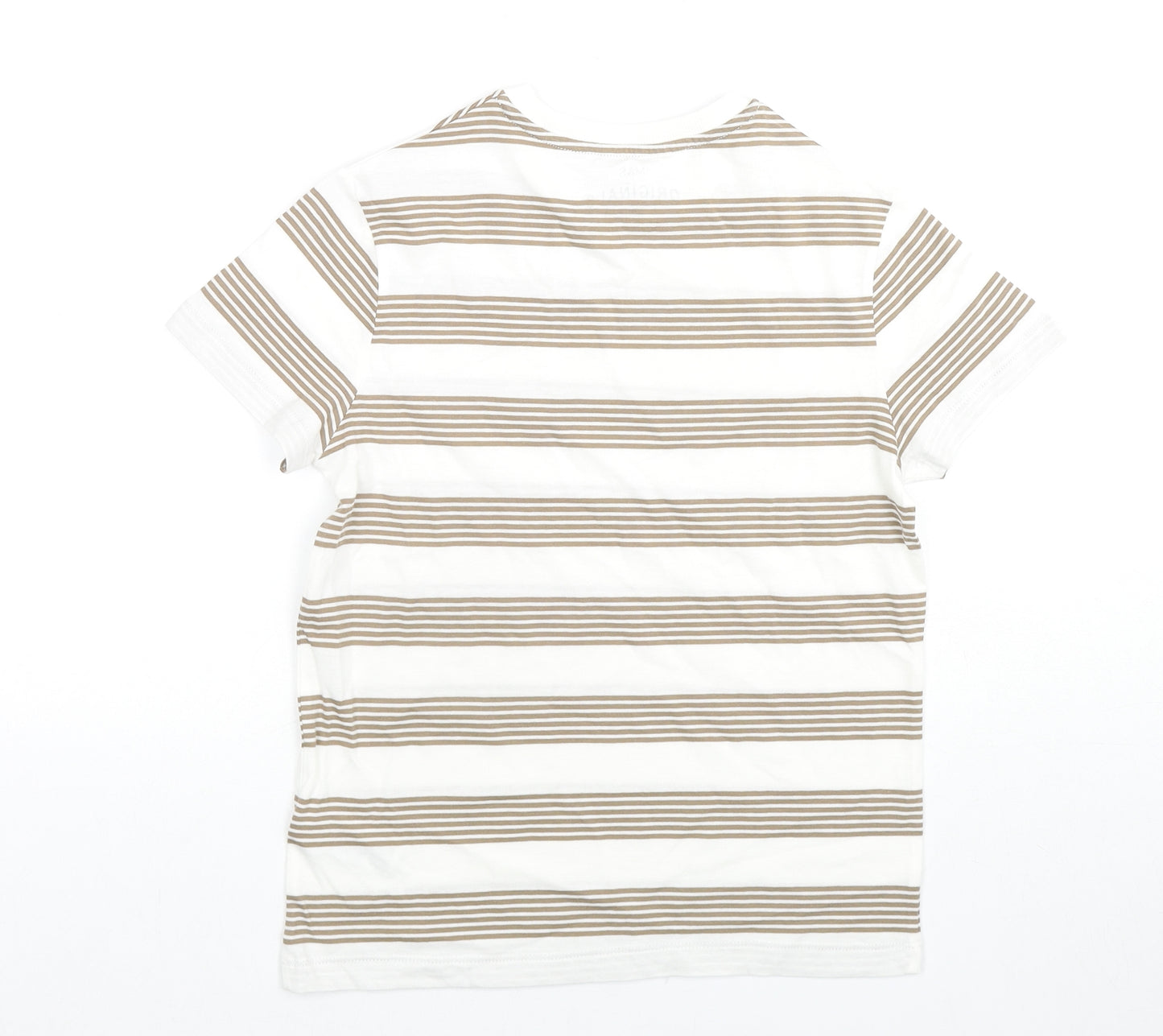 Marks and Spencer Boys White Striped Cotton Basic T-Shirt Size 9-10 Years Round Neck Pullover