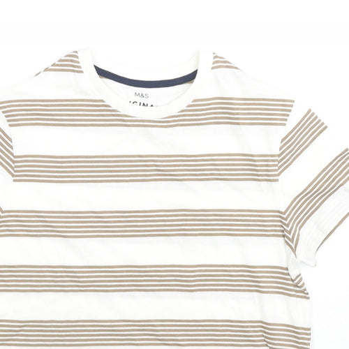 Marks and Spencer Boys White Striped Cotton Basic T-Shirt Size 9-10 Years Round Neck Pullover