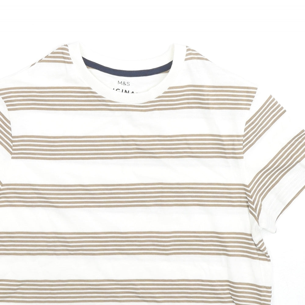 Marks and Spencer Boys White Striped Cotton Basic T-Shirt Size 9-10 Years Round Neck Pullover