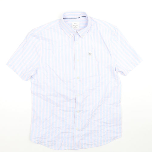 Marks and Spencer Mens Blue Striped Cotton Button-Up Size S Collared Button