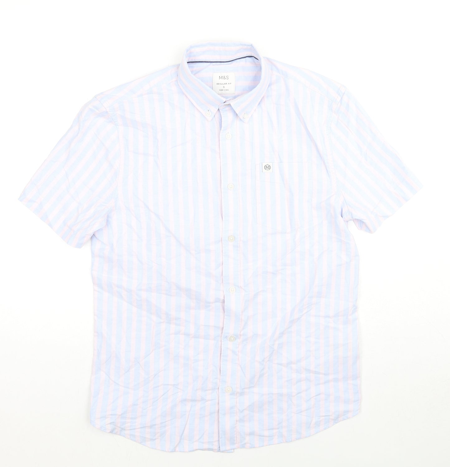 Marks and Spencer Mens Blue Striped Cotton Button-Up Size S Collared Button