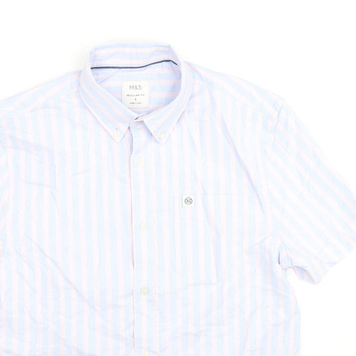 Marks and Spencer Mens Blue Striped Cotton Button-Up Size S Collared Button