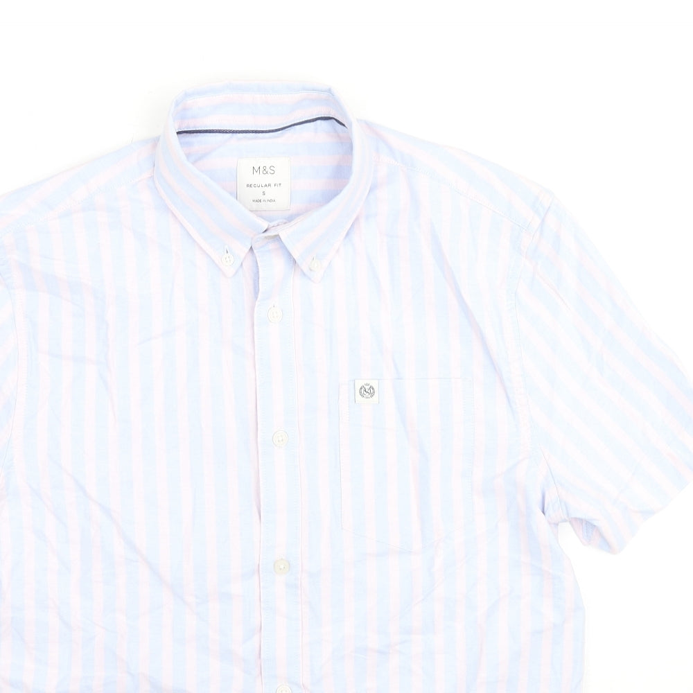 Marks and Spencer Mens Blue Striped Cotton Button-Up Size S Collared Button