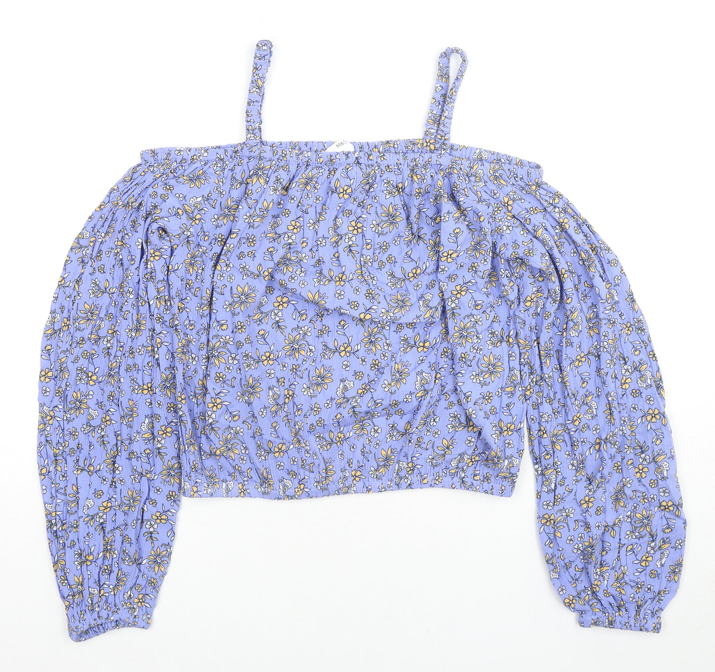 Marks and Spencer Girls Purple Floral Viscose Basic Blouse Size 13-14 Years Square Neck Pullover - Cold Shoulder
