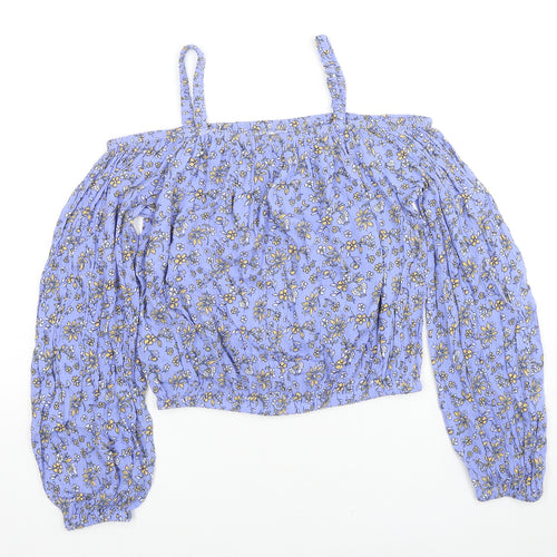Marks and Spencer Girls Purple Floral Viscose Basic Blouse Size 13-14 Years Square Neck Pullover - Cold Shoulder