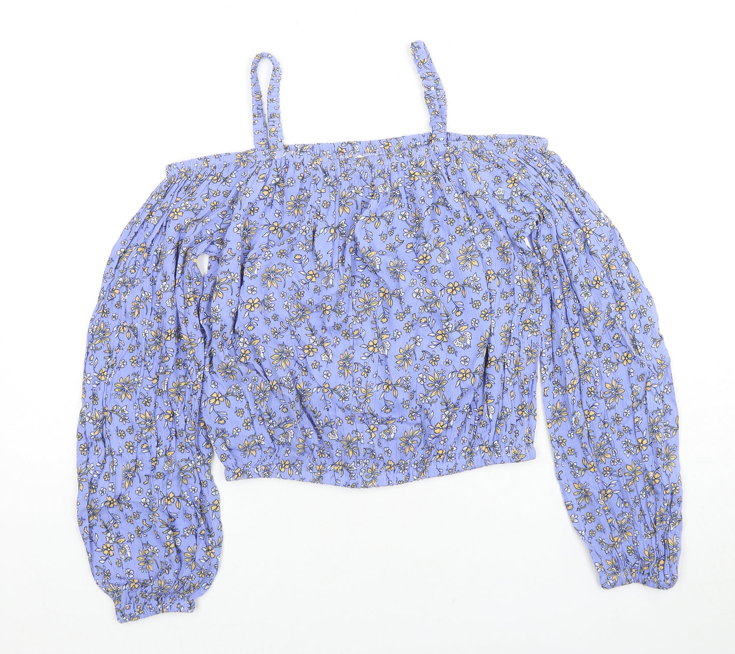 Marks and Spencer Girls Purple Floral Viscose Basic Blouse Size 13-14 Years Square Neck Pullover - Cold Shoulder