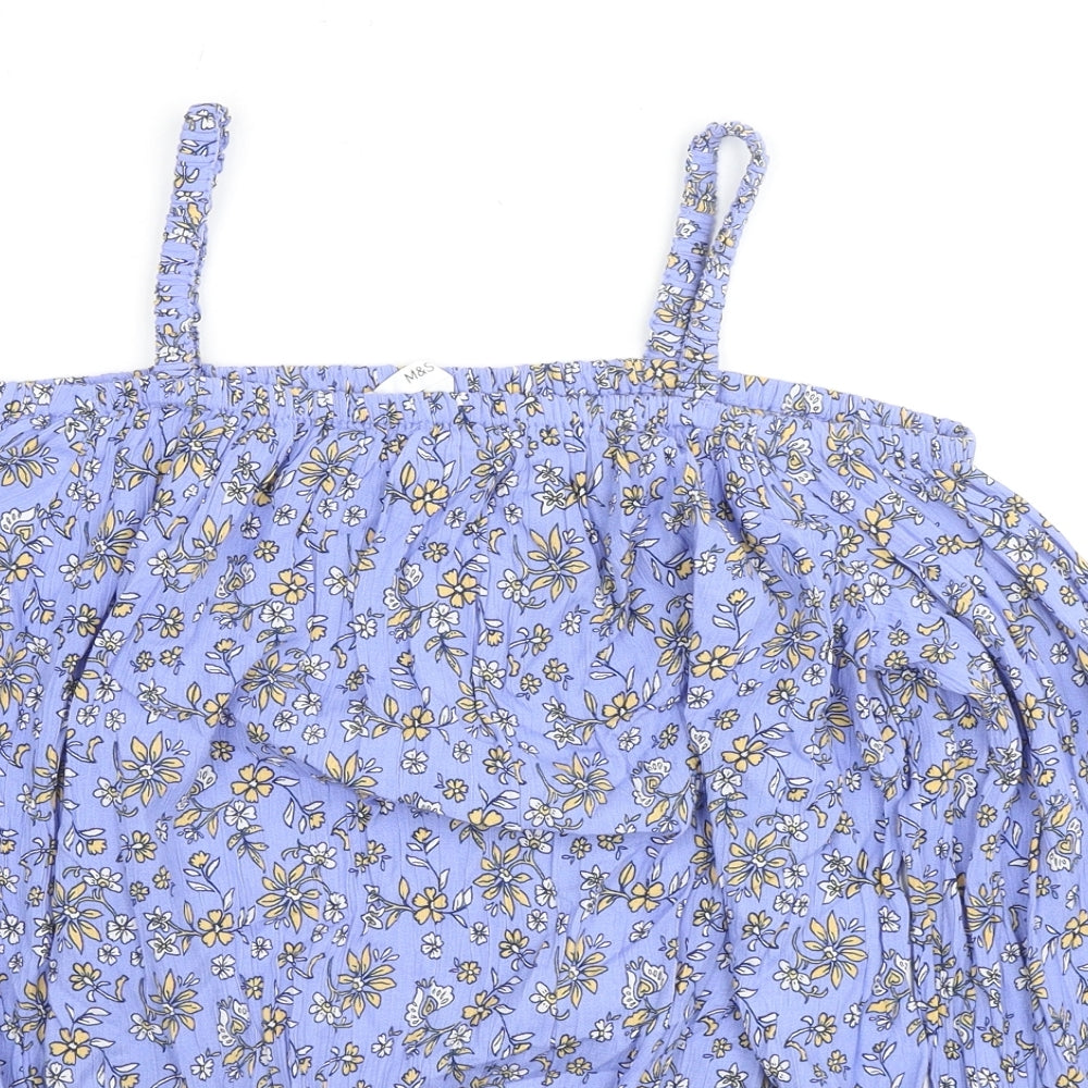 Marks and Spencer Girls Purple Floral Viscose Basic Blouse Size 13-14 Years Square Neck Pullover - Cold Shoulder