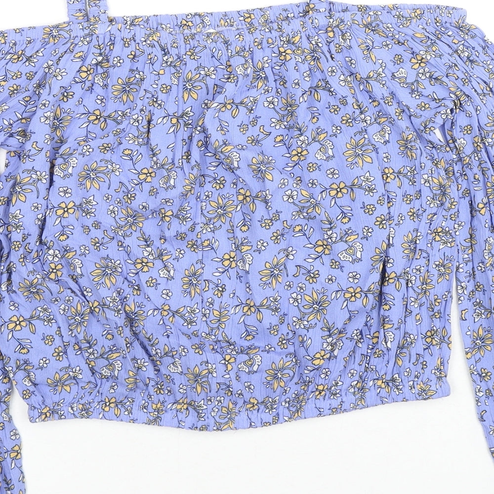 Marks and Spencer Girls Purple Floral Viscose Basic Blouse Size 13-14 Years Square Neck Pullover - Cold Shoulder