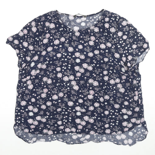 Bonmarché Womens Blue Floral Cotton Basic T-Shirt Size 22 Round Neck