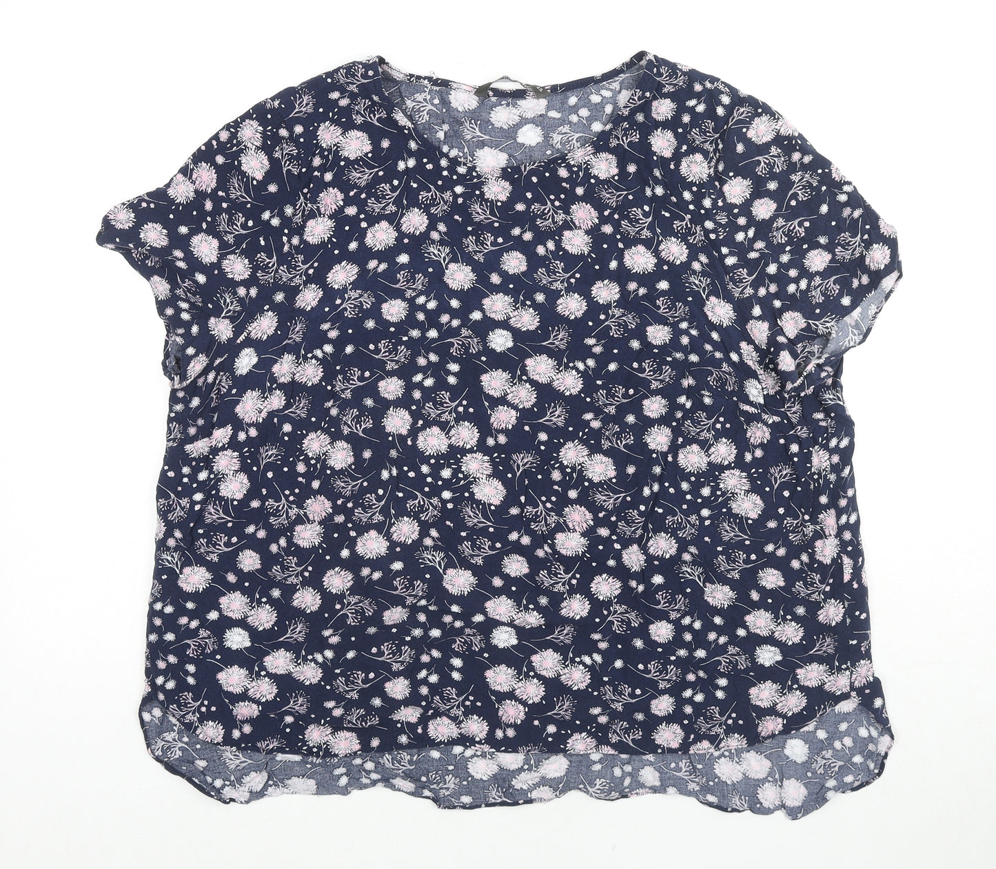 Bonmarché Womens Blue Floral Cotton Basic T-Shirt Size 22 Round Neck