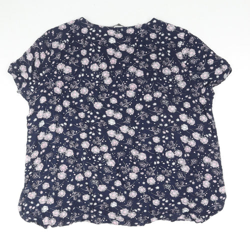 Bonmarché Womens Blue Floral Cotton Basic T-Shirt Size 22 Round Neck