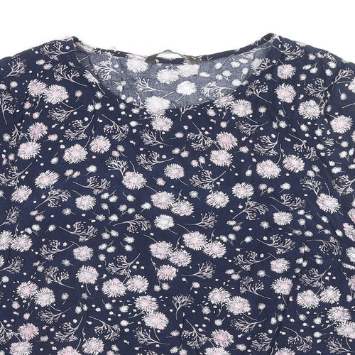 Bonmarché Womens Blue Floral Cotton Basic T-Shirt Size 22 Round Neck
