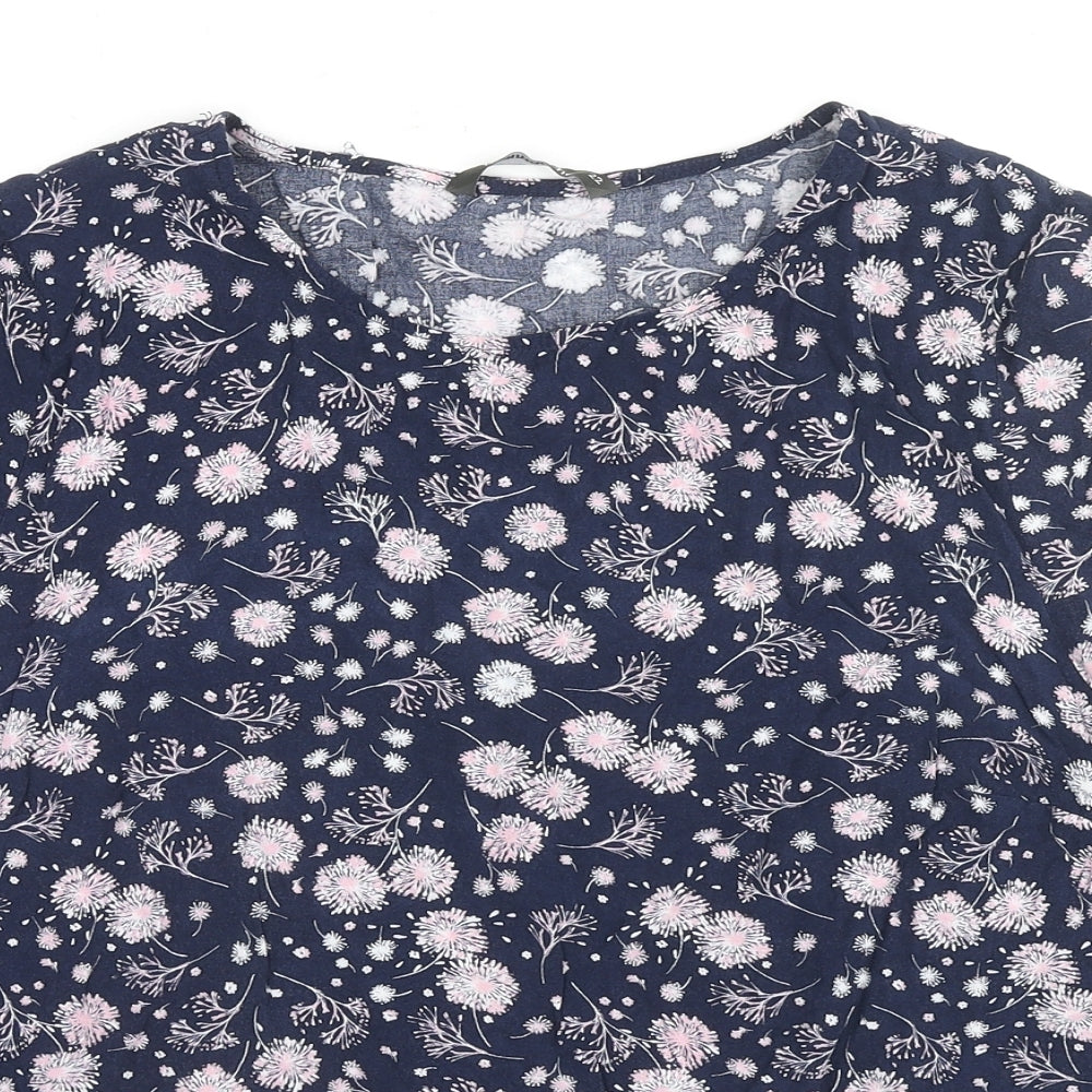 Bonmarché Womens Blue Floral Cotton Basic T-Shirt Size 22 Round Neck