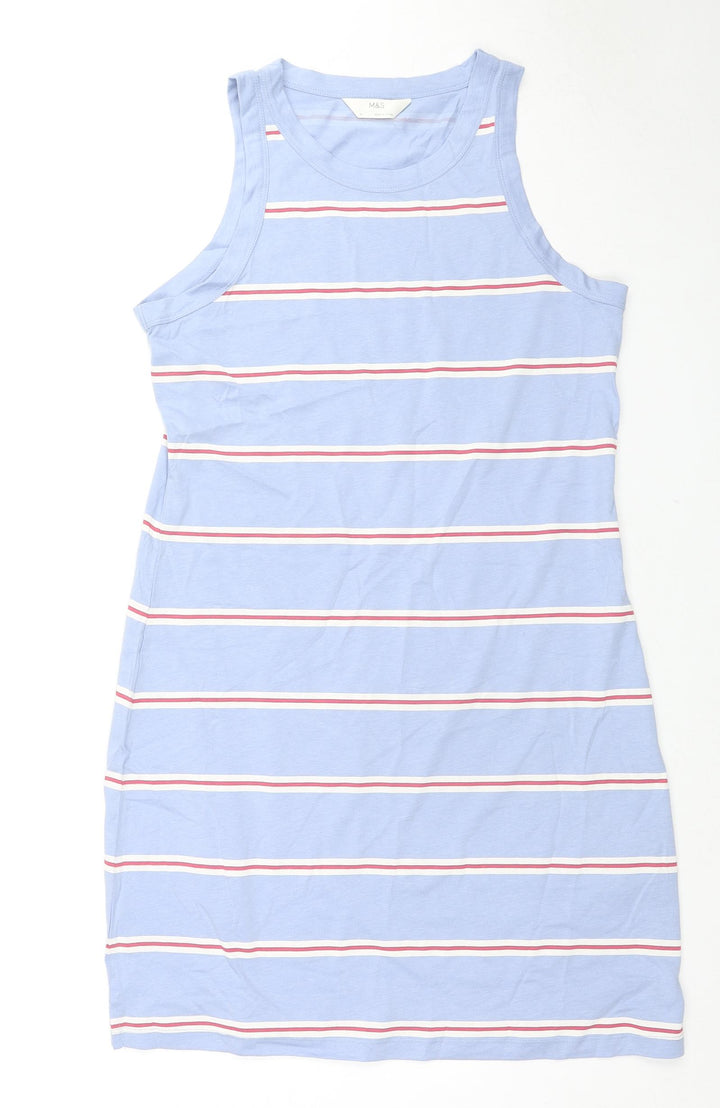 Marks and Spencer Womens Blue Striped Cotton Tank Dress Size M Round Neck Pullover
