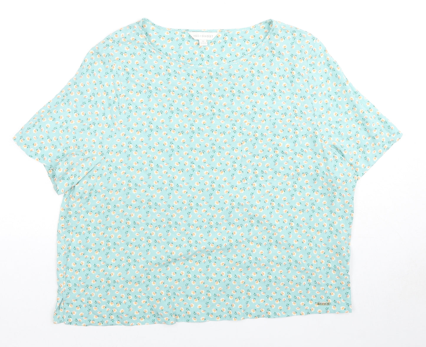 Marks and Spencer Womens Blue Floral Viscose Basic T-Shirt Size 16 Round Neck