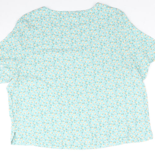 Marks and Spencer Womens Blue Floral Viscose Basic T-Shirt Size 16 Round Neck