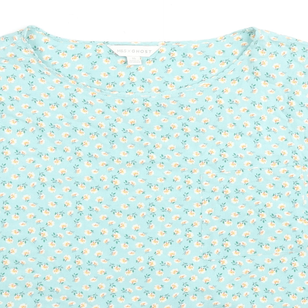 Marks and Spencer Womens Blue Floral Viscose Basic T-Shirt Size 16 Round Neck