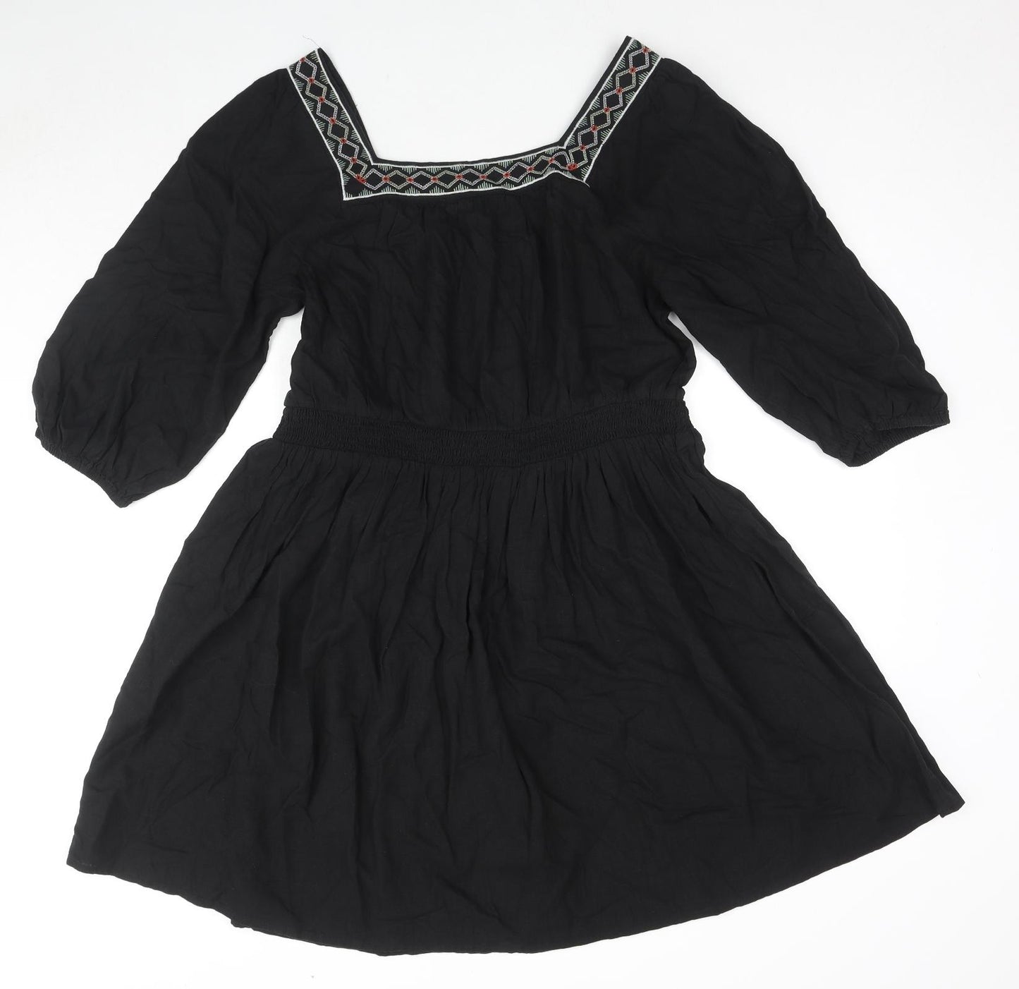 Marks and Spencer Womens Black Linen Fit & Flare Size 14 Square Neck Pullover - Embraided