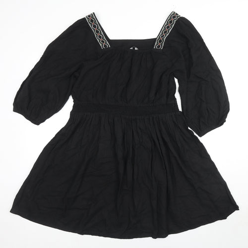Marks and Spencer Womens Black Linen Fit & Flare Size 14 Square Neck Pullover - Embraided