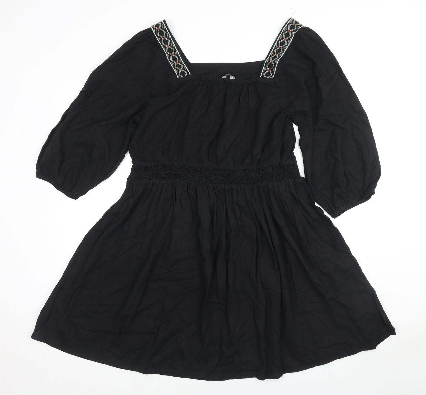 Marks and Spencer Womens Black Linen Fit & Flare Size 14 Square Neck Pullover - Embraided