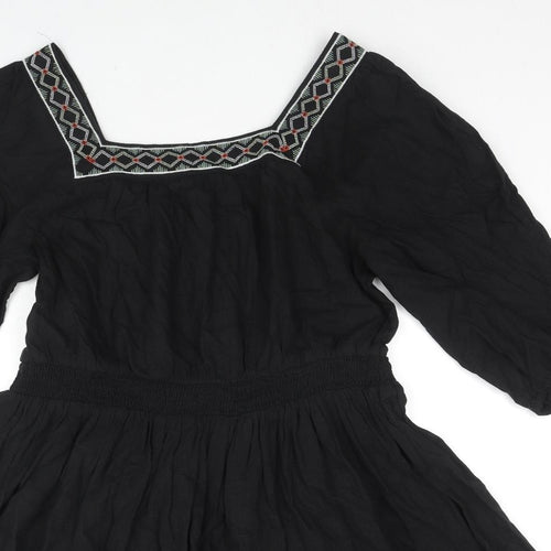 Marks and Spencer Womens Black Linen Fit & Flare Size 14 Square Neck Pullover - Embraided