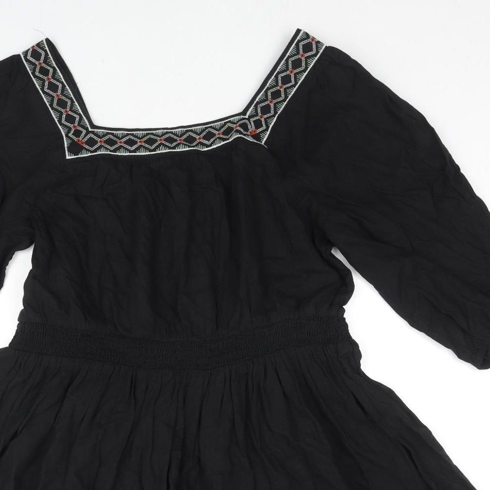 Marks and Spencer Womens Black Linen Fit & Flare Size 14 Square Neck Pullover - Embraided