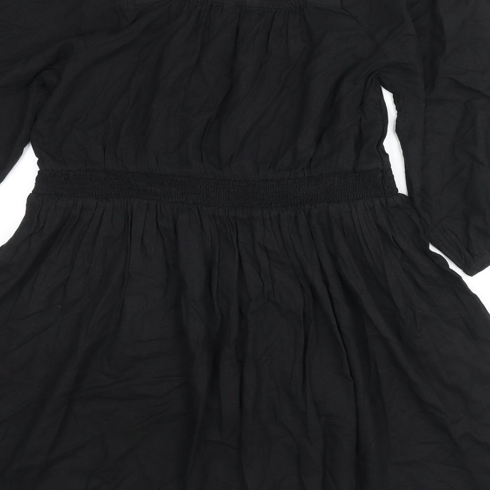 Marks and Spencer Womens Black Linen Fit & Flare Size 14 Square Neck Pullover - Embraided