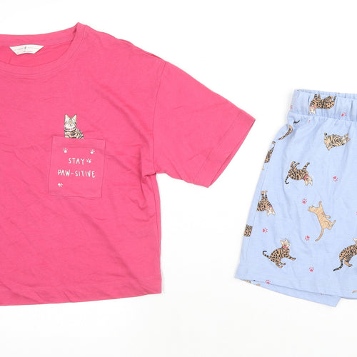 Marks and Spencer Womens Multicoloured Solid Cotton Top Pyjama Set Size S - Cats Stay Paw-sitive