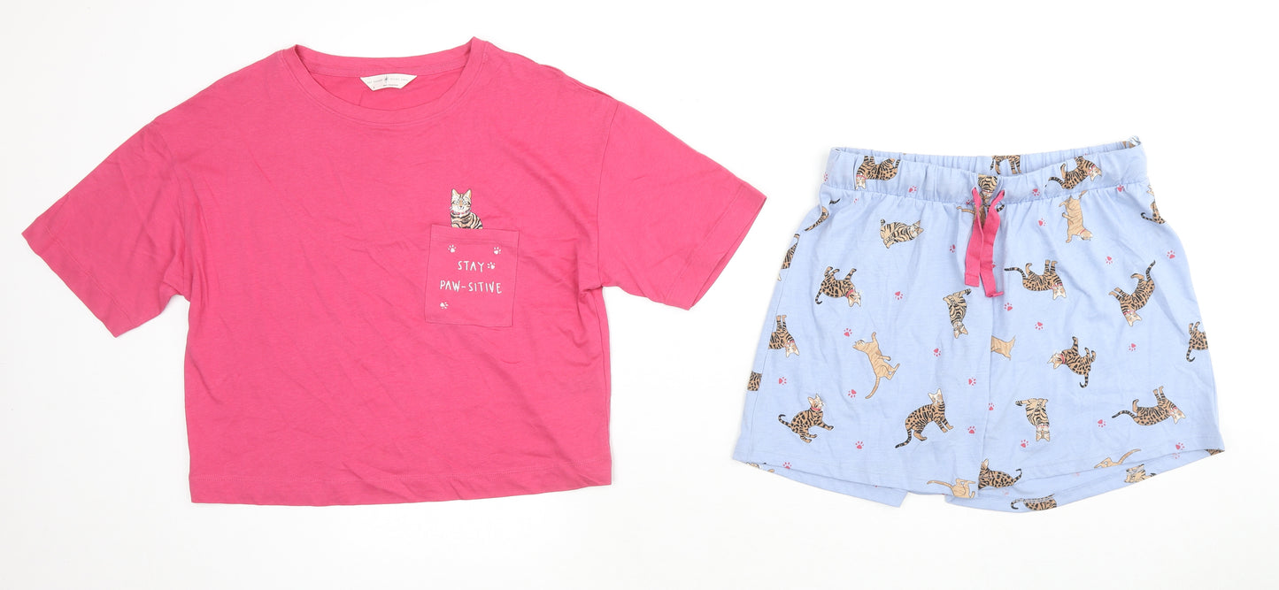 Marks and Spencer Womens Multicoloured Solid Cotton Top Pyjama Set Size S - Cats Stay Paw-sitive