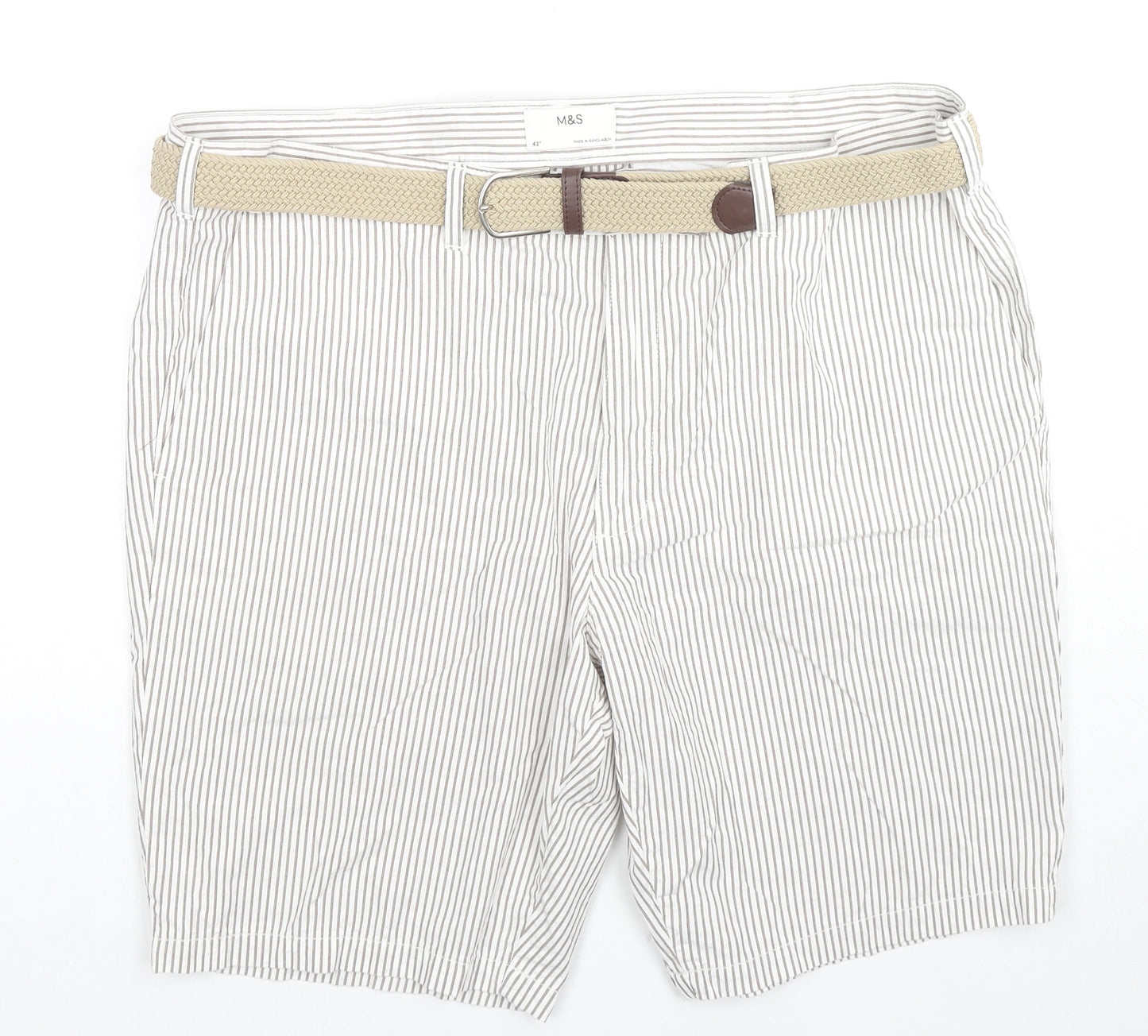 Marks and Spencer Mens Beige Striped Cotton Chino Shorts Size 42 in L9 in Regular Zip - Belt Included
